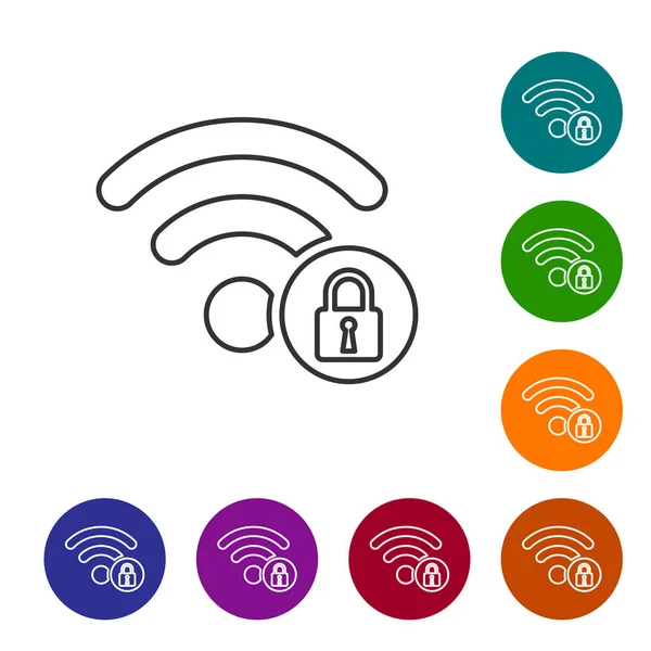 Beyaz arka planda gri Wifi kilitli işaret satırı simgesi. Şifre Wi-fi simgesi. Kablosuz Ağ simgesi. Wifi bölgesi. Simgeyi renk çemberi düğmelerinde ayarlayın. Vektör İllüstrasyonu
