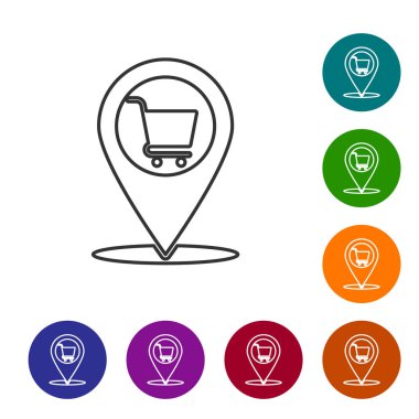 Beyaz arka planda yalıtılmış alışveriş sepeti satırı simgesine sahip Gri Harita işaretçisi. Pin point dükkanı ve alışveriş. Süpermarket sepeti sembolü. Simgeyi renk çemberi düğmelerinde ayarlayın. Vektör İllüstrasyonu
