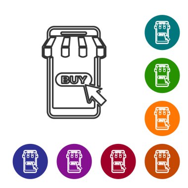 Beyaz arka plan üzerinde izole çizgili tente hattı simgesi ile Gri Cep telefonu ve alışveriş sepeti. Online satın alma sembolü. Süpermarket sepeti sembolü. Simgeyi renk çemberi düğmelerinde ayarlayın. Vektör İllüstrasyonu