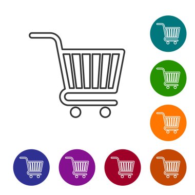 Gri Alışveriş sepeti satır simgesi beyaz arka planda yalıtılmış. Online satın alma konsepti. Teslimat hizmeti işareti. Süpermarket sepeti sembolü. Simgeyi renk çemberi düğmelerinde ayarlayın. Vektör İllüstrasyonu