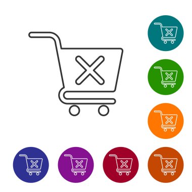 Gri Beyaz arka plan üzerinde alışveriş sepeti satır simgesi kaldır. Online satın alma konsepti. Teslimat hizmeti işareti. Süpermarket sepeti ve X işareti sembolü. Simgeyi renk çemberi düğmelerinde ayarlayın. Vektör İllüstrasyonu