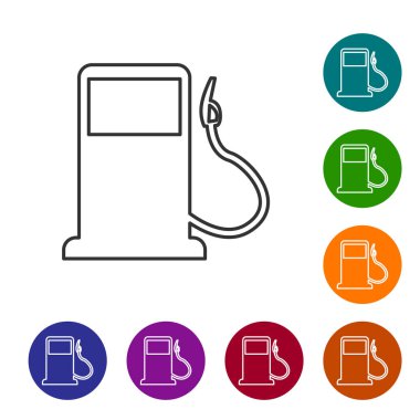 Gri Benzin veya Benzin istasyonu satır simgesi beyaz arka plan üzerinde izole. Araba yakıt sembolü. Benzin pompası. Simgeyi renk çemberi düğmelerinde ayarlayın. Vektör İllüstrasyonu