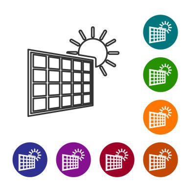 Gri Güneş enerji paneli ve güneş çizgisi simgesi beyaz arka plan üzerinde izole. Simgeyi renk çemberi düğmelerinde ayarlayın. Vektör İllüstrasyonu