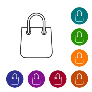 Gri Alışveriş çanta satır simgesi beyaz arka plan üzerinde izole. Paket işareti. Simgeyi renk çemberi düğmelerinde ayarlayın. Vektör İllüstrasyonu