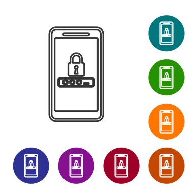 Gri Cep telefonu ve parola koruma hattı simgesi beyaz arka planda yalıtılmış. Güvenlik, güvenlik, kişisel erişim, kullanıcı izni, gizlilik. Simgeyi renk çemberi düğmelerinde ayarlayın. Vektör İllüstrasyonu