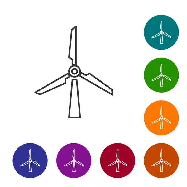 Ícone de linha de turbina de vento cinza isolado no fundo branco. Sinal do gerador de vento. Silhueta de moinho de vento. Moinho de vento para produção de energia elétrica. Definir ícone em botões de círculo de cor. Ilustração vetorial — Vetor de Stock