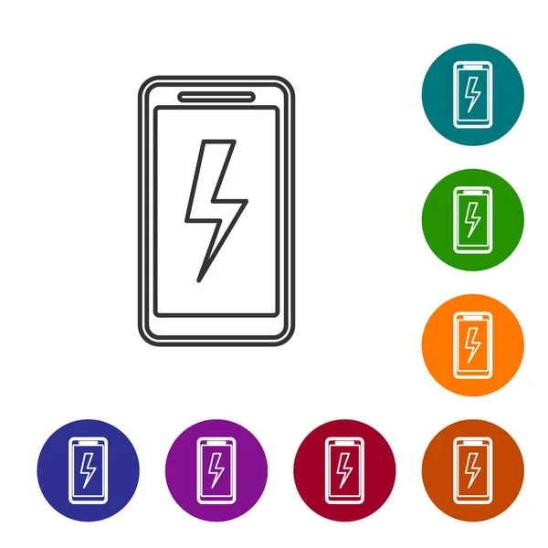 Icône de ligne de charge Smartphone gris isolé sur fond blanc. Téléphone avec une charge de batterie faible. Définir l'icône dans les boutons de cercle de couleur. Illustration vectorielle — Image vectorielle