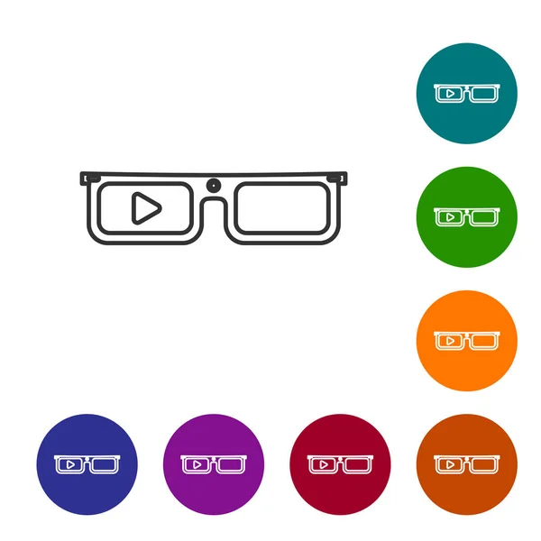 Gafas Grey Smart montadas en el icono de la línea de gafas aisladas sobre fondo blanco. Gafas inteligentes de electrónica portátil con cámara y pantalla. Establecer icono en botones de círculo de color. Ilustración vectorial — Archivo Imágenes Vectoriales