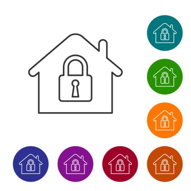 Gri Ev beyaz arka plan üzerinde izole koruma hattı simgesi altında. Eve ve kilitle. Koruma, güvenlik, güvenlik, koruma, savunma konsepti. Simgeyi renk çemberi düğmelerinde ayarlayın. Vektör İllüstrasyonu