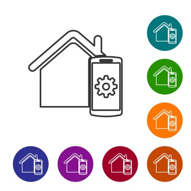 Gri Akıllı ev - beyaz arka planda yalıtılmış uzaktan kumanda sistemi çizgi simgesi. Simgeyi renk çemberi düğmelerinde ayarlayın. Vektör İllüstrasyonu