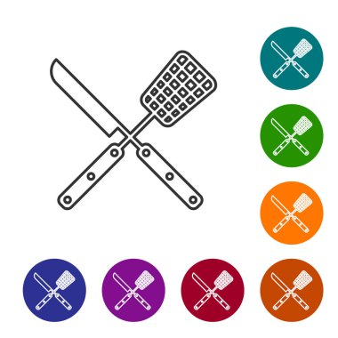 Gri Çapraz çatal ve bıçak çizgisi simgesi beyaz arka plan üzerinde izole. Barbekü çatal ve bıçak işareti. Barbekü ve ızgara aletleri. Simgeyi renk çemberi düğmelerinde ayarlayın. Vektör İllüstrasyonu
