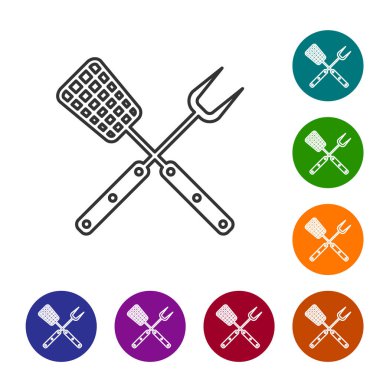 Gri Çapraz çatal ve spatula çizgi simgesi beyaz arka plan üzerinde izole. Barbekü çatal ve spatula işareti. Barbekü ve ızgara aletleri. Simgeyi renk çemberi düğmelerinde ayarlayın. Vektör İllüstrasyonu