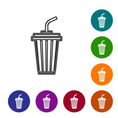 Beyaz arka plan üzerinde izole su hattı simgesi ile Gri Cam. Soda, pipetli bardak içilir. Taze soğuk içecek sembolü. Simgeyi renk çemberi düğmelerinde ayarlayın. Vektör İllüstrasyonu