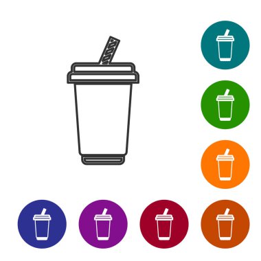 Beyaz arka plan üzerinde izole su hattı simgesi ile Gri Cam. Soda, pipetli bardak içilir. Taze soğuk içecek sembolü. Simgeyi renk çemberi düğmelerinde ayarlayın. Vektör İllüstrasyonu