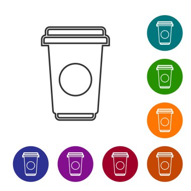 Gri Kahve fincan satır simgesi beyaz arka plan üzerinde izole. Sıcak kahve ile tek kullanımlık kahve fincanı. Simgeyi renk çemberi düğmelerinde ayarlayın. Vektör İllüstrasyonu