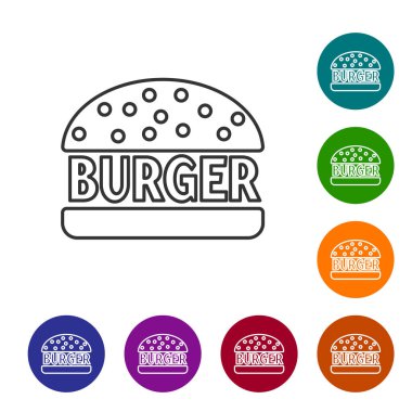 Gri Burger çizgi simgesi beyaz arka plan üzerinde izole. Hamburger simgesi. Cheeseburger sandviç işareti. Simgeyi renk çemberi düğmelerinde ayarlayın. Vektör İllüstrasyonu