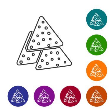 Gri Nachos çizgi simgesi beyaz arka plan üzerinde izole. Tortilla cipsi veya nachos tortilla. Geleneksel Meksika fast food'u. Simgeyi renk çemberi düğmelerinde ayarlayın. Vektör İllüstrasyonu