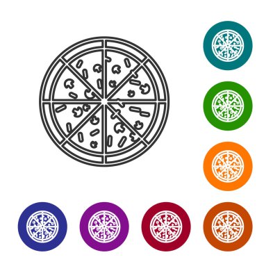 Gri Pizza satır simgesi beyaz arka planda yalıtılmış. Simgeyi renk çemberi düğmelerinde ayarlayın. Vektör İllüstrasyonu