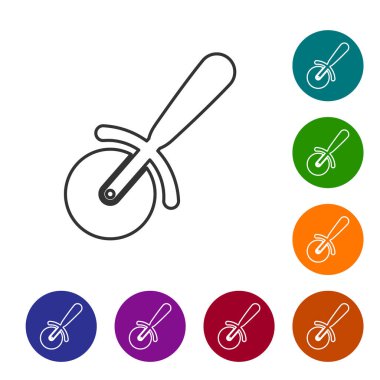 Gri Pizza bıçak çizgi simgesi beyaz arka plan üzerinde izole. Pizza kesici işareti. Çelik mutfak eşyaları ekipmanları. Simgeyi renk çemberi düğmelerinde ayarlayın. Vektör İllüstrasyonu