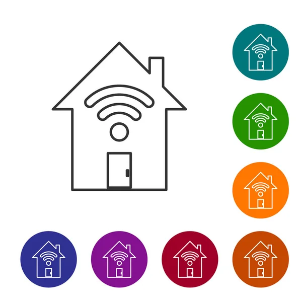 Grey Smart home con icona della linea wi-fi isolata su sfondo bianco. Telecomando. Imposta l'icona nei pulsanti del cerchio colore. Illustrazione vettoriale — Vettoriale Stock