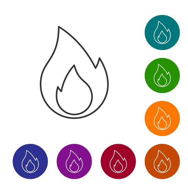 Pictograma liniei de flacără gri foc izolată pe fundal alb. Simbolul căldurii. Setați pictograma în butoanele cercului de culori. Vector Illustration — Vector de stoc