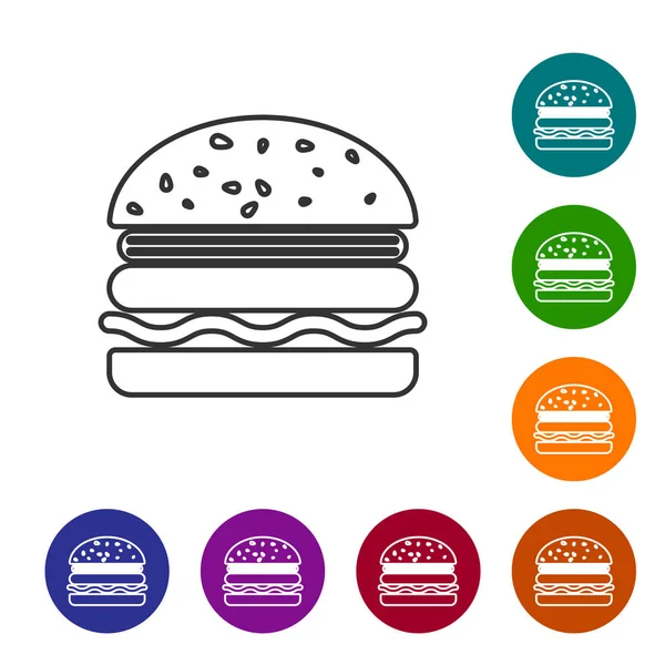 Grå Burger line-ikonen isolerad på vit bakgrund. Hamburger ikon. Cheeseburger smörgås skylt. Ange ikon i färgcirkel knappar. Vektor illustration — Stock vektor