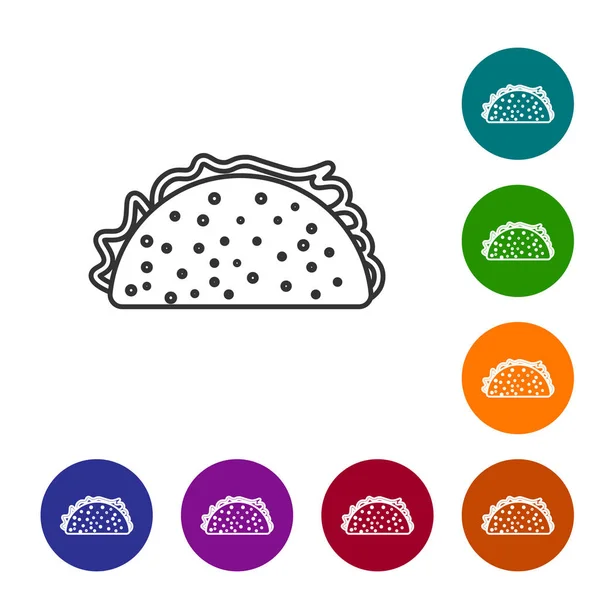 Graue Taco mit Tortilla-Linie Symbol isoliert auf weißem Hintergrund. traditionelles mexikanisches Fast Food. setzen Sie das Symbol in den Schaltflächen des Farbkreises. Vektorillustration — Stockvektor