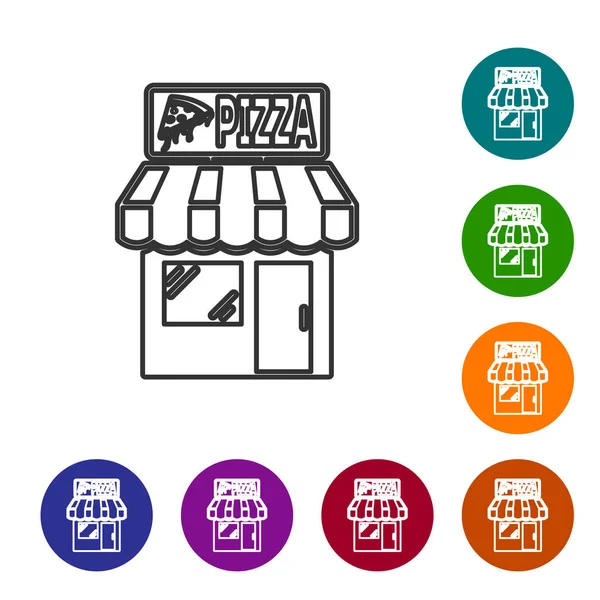 Grey Pizzeria edifício ícone da linha de fachada isolado no fundo branco. Quiosque de pizzaria de comida rápida. Definir ícone em botões de círculo de cor. Ilustração vetorial — Vetor de Stock