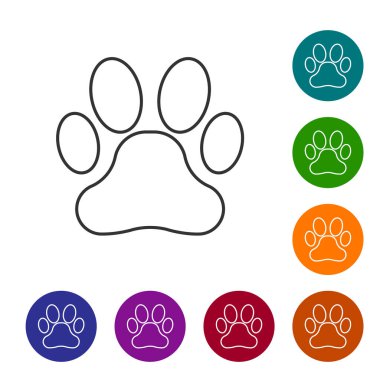 Gri Pati baskı çizgisi simgesi beyaz arka planda yalıtılmış. Köpek ya da kedi pençesi izi. Hayvan izi. Simgeyi renk çemberi düğmelerinde ayarlayın. Vektör İllüstrasyonu