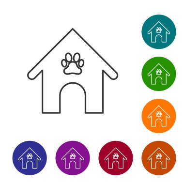 Gri Köpek ev ve pençe baskı pet çizgi simgesi beyaz arka plan üzerinde izole. Köpek kulübesi. Simgeyi renk çemberi düğmelerinde ayarlayın. Vektör İllüstrasyonu