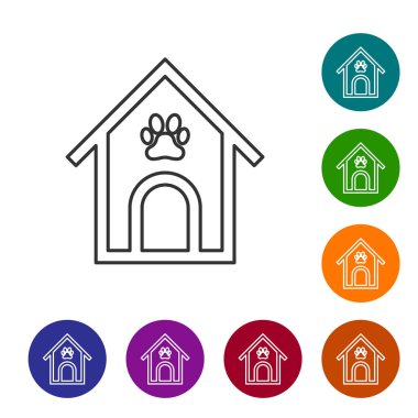 Gri Köpek ev ve pençe baskı pet çizgi simgesi beyaz arka plan üzerinde izole. Köpek kulübesi. Simgeyi renk çemberi düğmelerinde ayarlayın. Vektör İllüstrasyonu