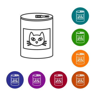 Beyaz arka planda izole edilmiş kedi çizgisi simgesi için Gri Konserve gıda. Hayvanlar için yiyecek. Evcil köpek maması olabilir. Simgeyi renk çemberi düğmelerinde ayarlayın. Vektör İllüstrasyonu
