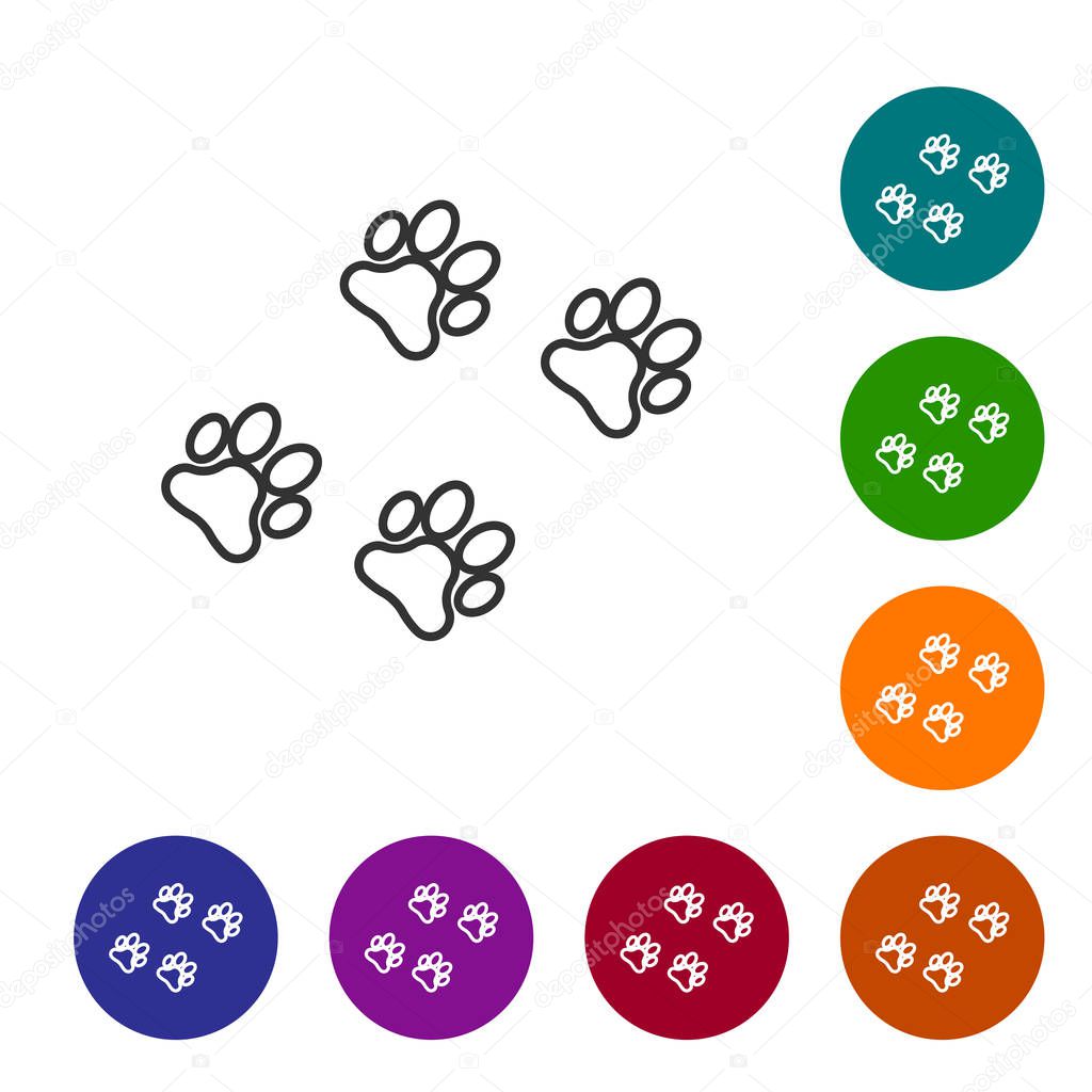 Grey Paw print line icon isolated on white background. Dog or cat paw print. Animal track. Set icon in color circle buttons. Vector Illustration