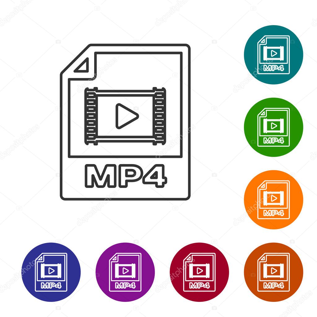 Grey MP4 file document icon. Download mp4 button line icon isolated on white background. MP4 file symbol. Set icon in color circle buttons. Vector Illustration