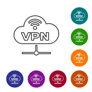 Gri Vpn Ağı bulut bağlantı hattı simgesi beyaz arka planda yalıtılmış. Sosyal teknoloji. Bulut bilgi işlem konsepti. Simgeyi renk çemberi düğmelerinde ayarlayın. Vektör İllüstrasyonu