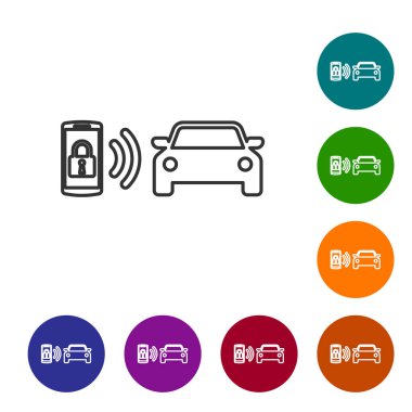 Gri Akıllı araba alarm sistemi çizgi simgesi beyaz arka plan üzerinde izole. Akıllı telefon kablosuz araç güvenliğini kontrol eder. Simgeyi renk çemberi düğmelerinde ayarlayın. Vektör İllüstrasyonu