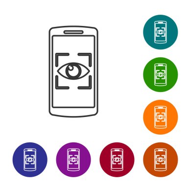 Gri Cep telefonu ve göz tonu simgesi beyaz arka plan üzerinde izole. Tarama gözü. Güvenlik kontrolü sembolü. Siber göz işareti. Simgeyi renk çemberi düğmelerinde ayarlayın. Vektör İllüstrasyonu