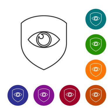 Gri Kalkan ve beyaz arka planda izole edilmiş göz çizgisi simgesi. Güvenlik, güvenlik, koruma, gizlilik kavramı. Simgeyi renk çemberi düğmelerinde ayarlayın. Vektör İllüstrasyonu