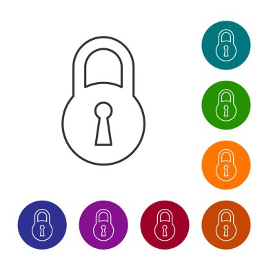 Beyaz arka planda yalıtılmış gri Kilit çizgisi simgesi. Asma kilit işareti. Güvenlik, güvenlik, koruma, gizlilik kavramı. Simgeyi renk çemberi düğmelerinde ayarlayın. Vektör İllüstrasyonu