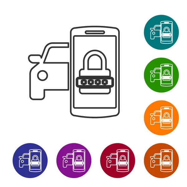 Grey Smart ícone da linha do sistema de segurança do carro isolado no fundo branco. O smartphone controla a segurança do carro no wireless. Definir ícone em botões de círculo de cor. Ilustração vetorial — Vetor de Stock