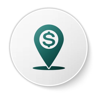 Yeşil Nakit konum pin simgesi beyaz arka planda yalıtılmış. İşaretçi ve dolar sembolü. Para konum simgesi. İş ve yatırım konsepti. Yeşil daire düğmesi. Vektör İllüstrasyonu