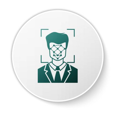 Beyaz arka planda yalıtılmış Yeşil Yüz tanıma simgesi. Yüz tanımlama tarayıcı simgesi. Yüz kimliği. Siber güvenlik konsepti. Yeşil daire düğmesi. Vektör İllüstrasyonu