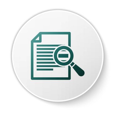 Beyaz arka planda yalıtılmış arama simgesine sahip Yeşil Belge. Dosya ve büyüteç simgesi. Analitik araştırma işareti. Yeşil daire düğmesi. Vektör İllüstrasyonu
