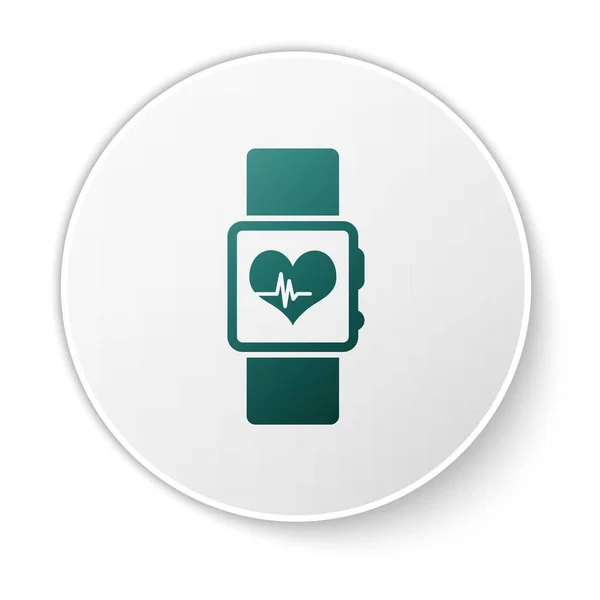 흰색 배경에 격리 된 심장 박동 속도 아이콘을 보여주는 녹색 스마트 시계. 피트니스 앱 개념입니다. 녹색 원 버튼입니다. 벡터 일러스트레이션 — 스톡 벡터