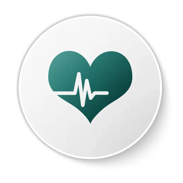 Icona della frequenza cardiaca verde isolata su sfondo bianco. Segno di battito cardiaco. Icona del polso cardiaco. Icona del cardiogramma. Pulsante cerchio verde. Illustrazione vettoriale — Vettoriale Stock