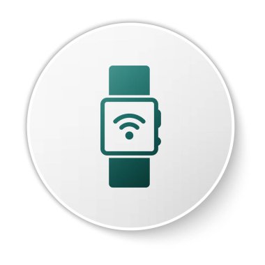 Beyaz arka planda izole edilmiş kablosuz simge simgesine sahip Yeşil Akıllı Saat. Yeşil daire düğmesi. Vektör İllüstrasyonu