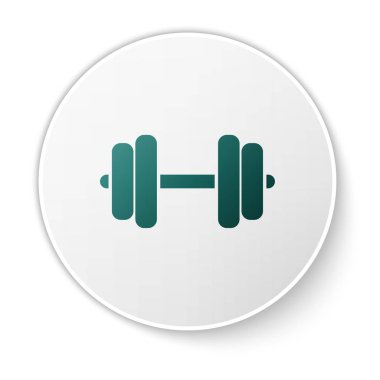 Yeşil Dumbbell simgesi beyaz arka plan üzerinde izole. Kas kaldırma simgesi, fitness halter, spor salonu simgesi, spor ekipmanları sembolü, egzersiz bumbbell. Yeşil daire düğmesi. Vektör İllüstrasyonu