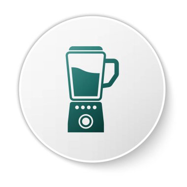 Yeşil Blender simgesi beyaz arka planda yalıtılmış. Kase ile Mutfak elektrik sabit karıştırıcı. Pişirme smoothies, kokteyl veya meyve suyu. Yeşil daire düğmesi. Vektör İllüstrasyonu