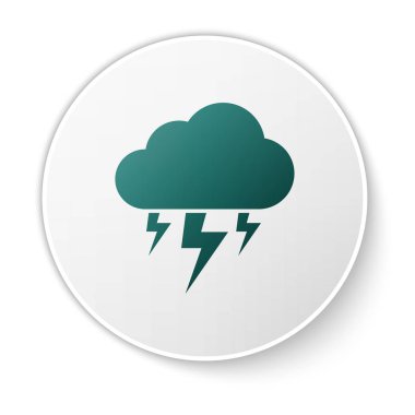 Yeşil Fırtına simgesi beyaz arka planda yalıtılmış. Bulut ve şimşek işareti. Fırtınanın hava ikonu. Yeşil daire düğmesi. Vektör İllüstrasyonu
