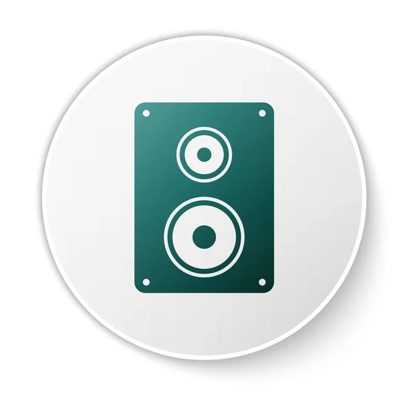 Icono de altavoz estéreo verde aislado sobre fondo blanco. Altavoces del sistema de sonido. Icono musical. Equipo de altavoz de columna musical bajo. Botón círculo verde. Ilustración vectorial — Vector de stock